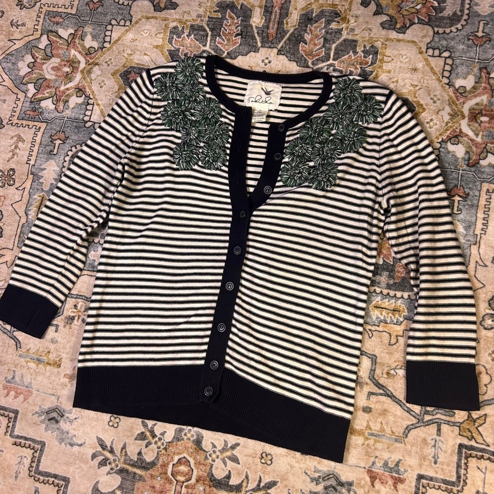 Tabitha Anthropologie Striped Cardigan Floral Pom Pom Embroidery Small Cotton